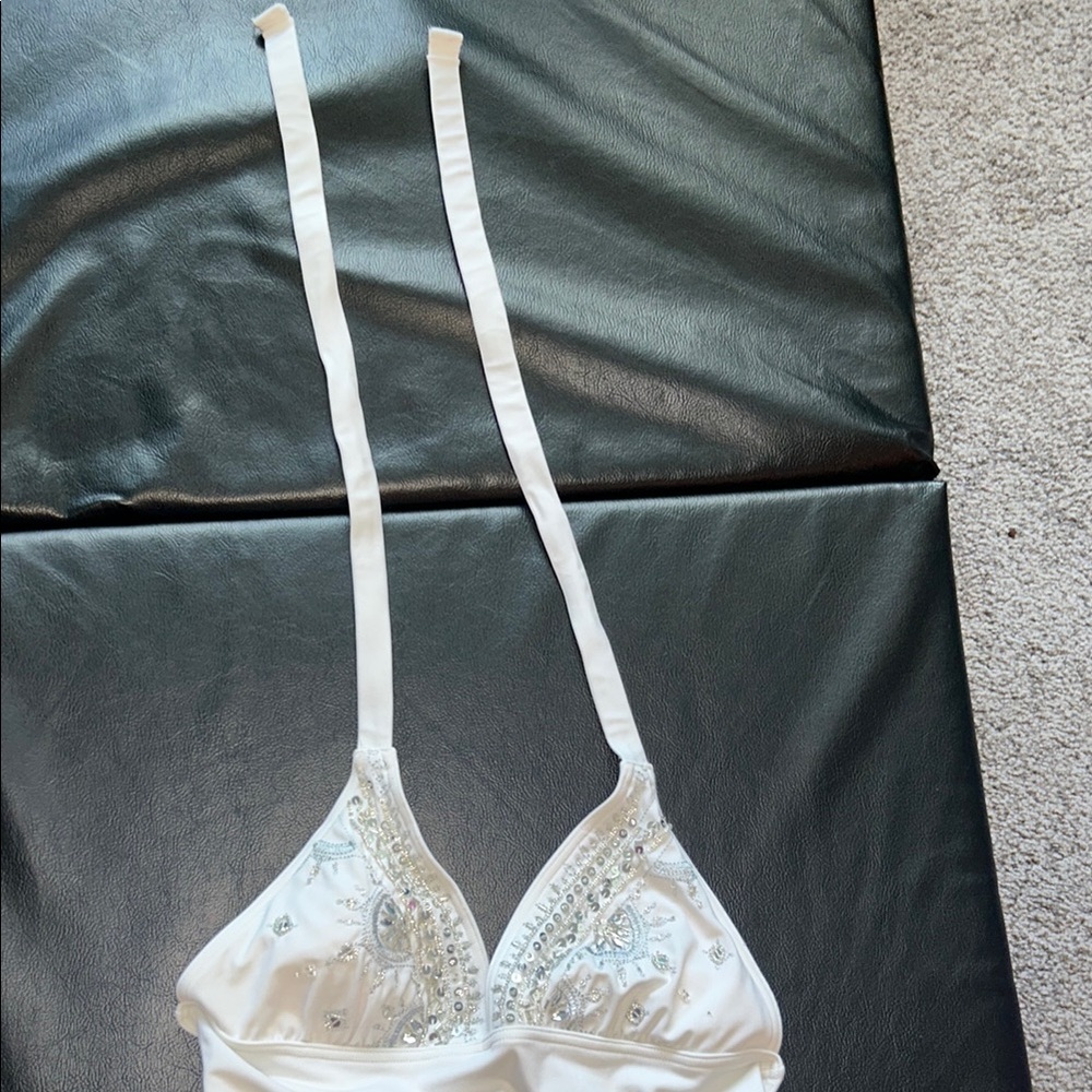 Beautiful White Halter One-Piece Swimsuit with Embellishments- Size 8 WORN ONCE - Picture 6 of 6